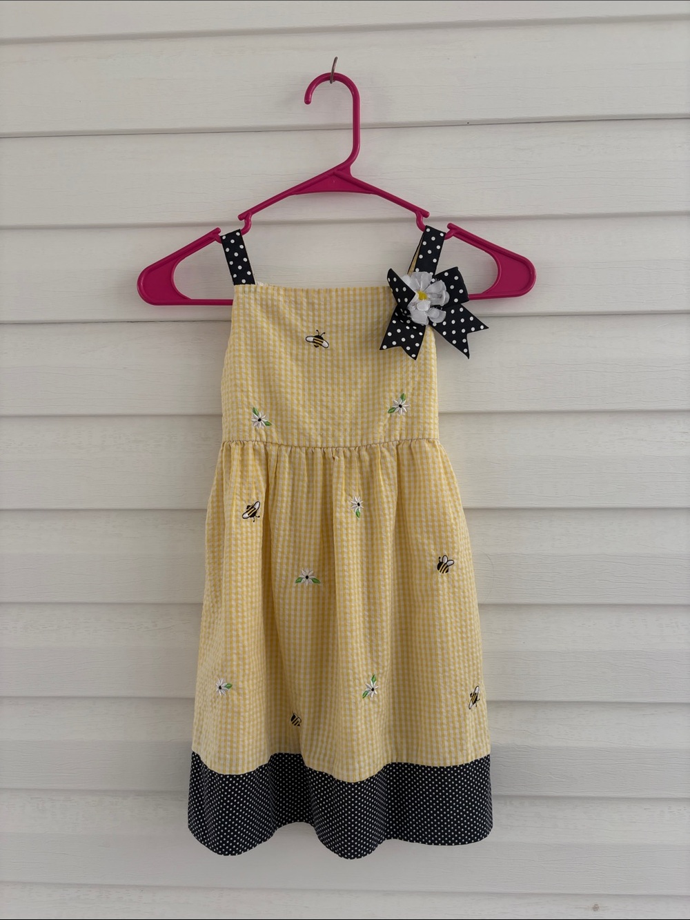 Rare Editions Girls Bumble Bee & Daisy Gingham Polka Dot Sundress Yellow Black